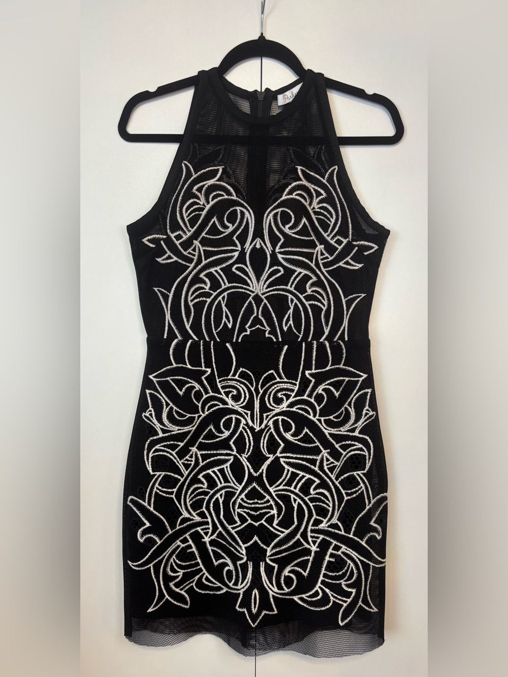 Parker Black Mesh Halter Midi Dress with White Embroidery